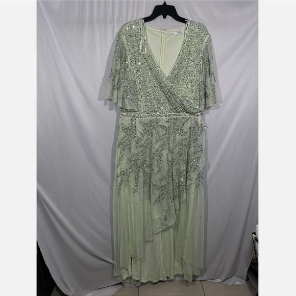 NWT $498 Mac Duggal [ 18 ] Sequined Butterfly Sleeve High‎ Low Gown Sage Greeen - Picture 4 of 14